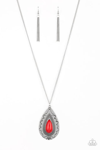Sedona Solstice - Paparazzi - Red Stone Silver Tribal Teardrop Pendant Necklace