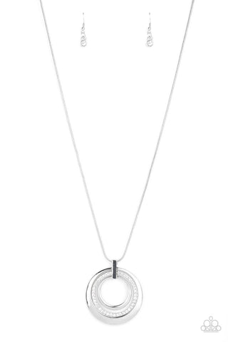 Gather Around Gorgeous - Paparazzi - White Rhinestone Silver Circle Pendant Necklace