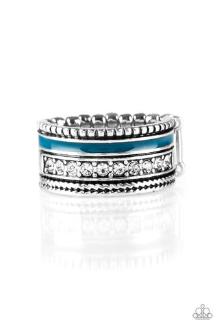 Rich Rogue - Paparazzi - Blue Stripe White Rhinestone Silver Ring