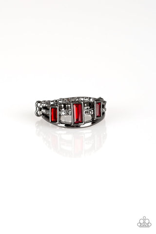 Noble Nova - Paparazzi - Red Emerald Cut Rhinestone Gunmetal Ring
