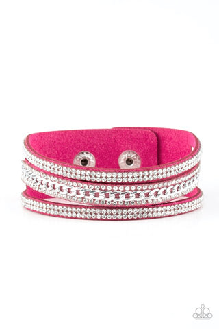 Rollin In Rhinestones - Paparazzi - Pink Suede White Rhinestone Silver Chain Snap Bracelet