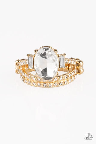 Bling Queen - Paparazzi - Gold Band White Rhinestone Ring