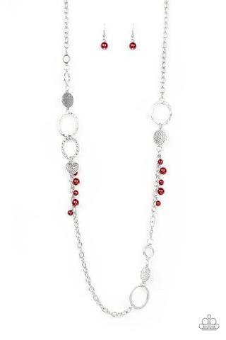 Unapologetic Flirt - Paparazzi - Red Pearl Silver Heart Charm Necklace