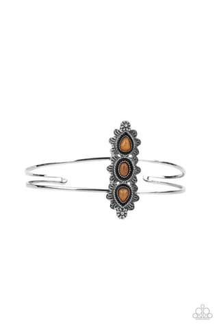 Fairytale Flowerbeds - Paparazzi - Orange Stone Silver Flower Cuff Bracelet