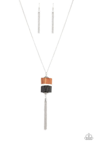 Reel It In - Paparazzi - Black Brown Wood Cylinder Pendant Tassel Necklace