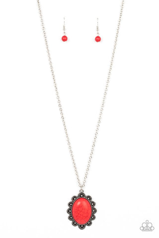 Daisy Dotted Deserts - Paparazzi - Red Stone Oval Silver Scalloped Pendant Necklace