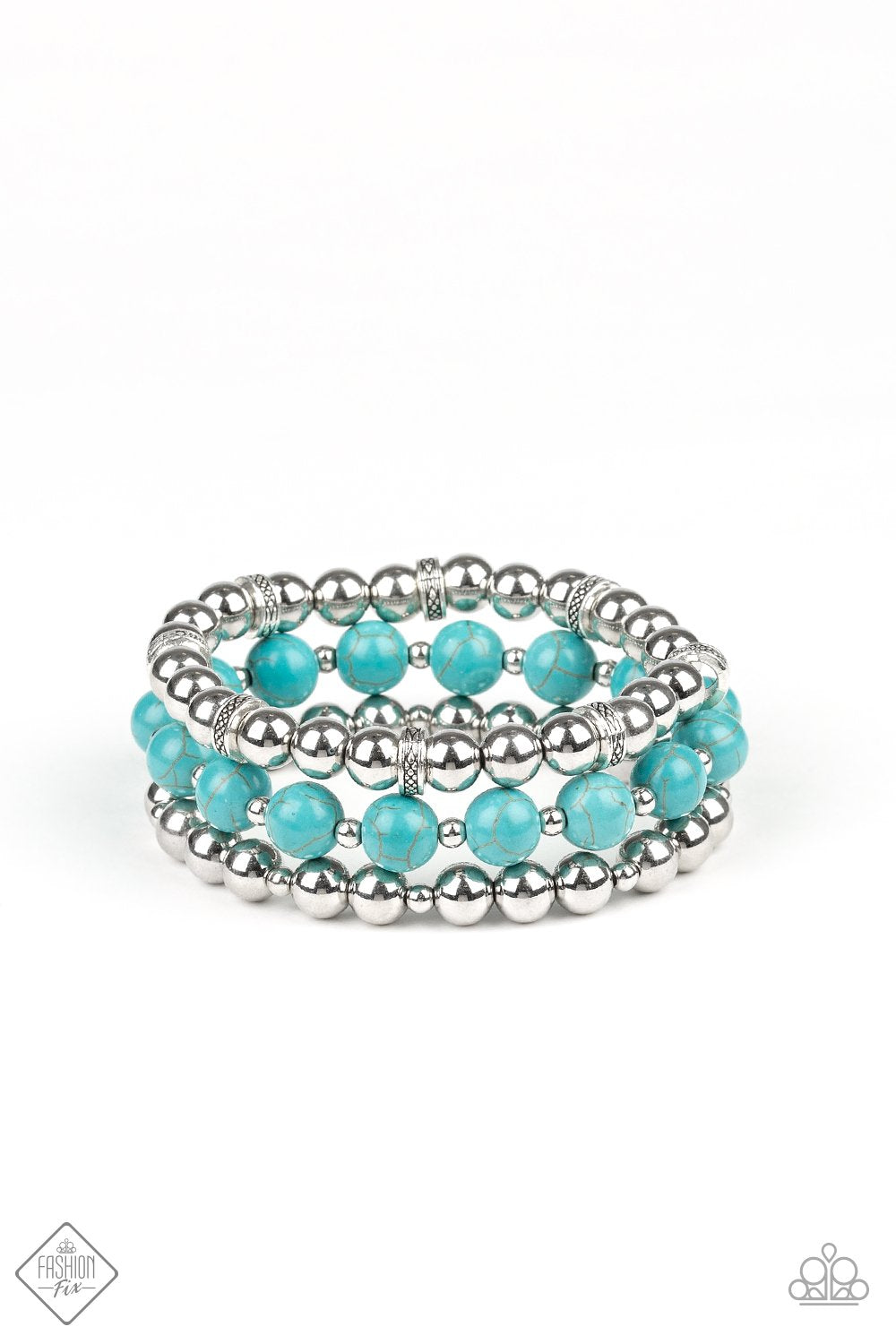 Sandstone Serendipity - Paparazzi - Blue Turquoise Stone and Silver Bead Stretchy Bracelet