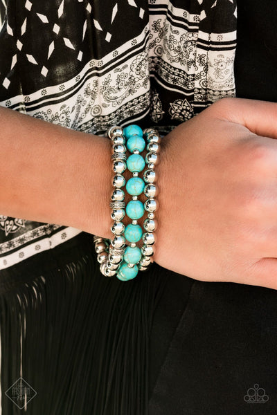 Sandstone Serendipity - Paparazzi - Blue Turquoise Stone and Silver Bead Stretchy Bracelet