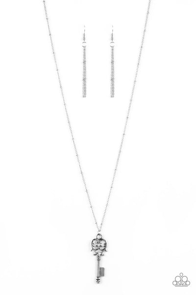 The Magic Key - Paparazzi - Silver Filigree Key Pendant Necklace
