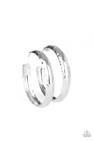Check Out These Curves - Paparazzi - Silver Hammered Hoop Earrings - 2020 Convention Exclusive