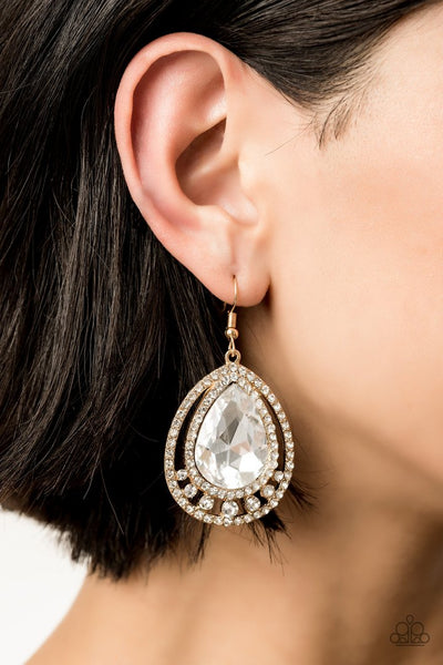 All Rise For Her Majesty - Paparazzi - Gold Frame White Rhinestone Teardrop Earrings