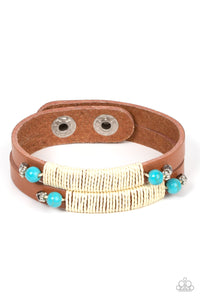And ZEN Some - Paparazzi - Blue Turquoise Stone Ivory Cording Brown Leather Snap Bracelet