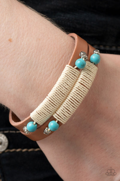 And ZEN Some - Paparazzi - Blue Turquoise Stone Ivory Cording Brown Leather Snap Bracelet