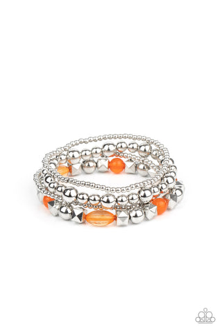 Babe-alicious - Paparazzi - Orange and Silver Beaded Stretchy Bracelet