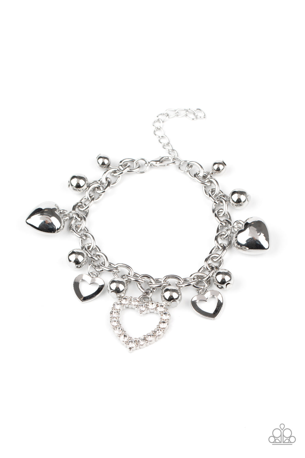 Beautifully Big-Hearted - Paparazzi - White Rhinestone Silver Heart Charm Clasp Bracelet