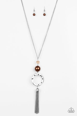 Bold Balancing Act - Paparazzi - Brown Pearl Silver Tassel Necklace
