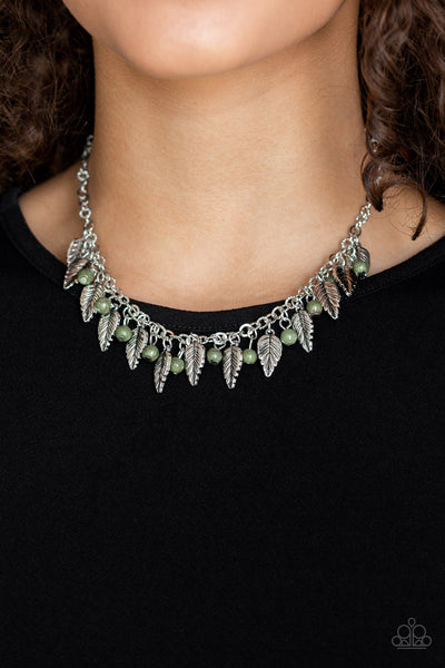 Boldly Airborne - Paparazzi - Green Stone Silver Feather Charm Necklace