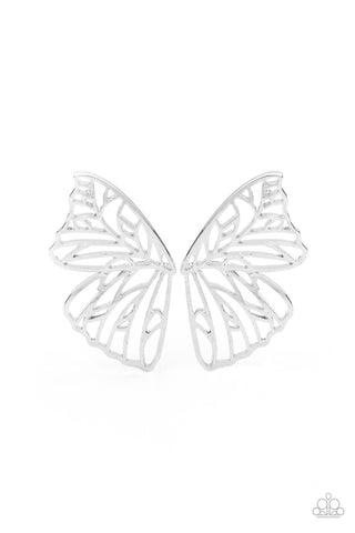 Butterfly Frills - Paparazzi - Silver Butterfly Wing Post Earrings Life of the Party Exclusive