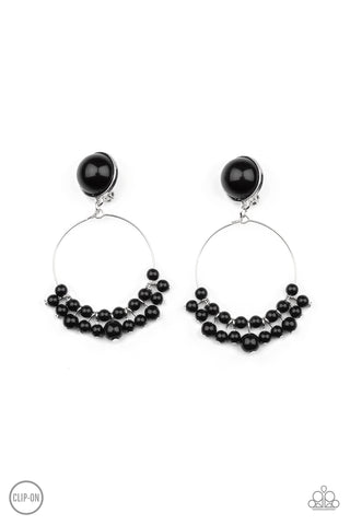 Cabaret Charm - Paparazzi - Black Bead Fringe Silver Hoop Clip On Earrings
