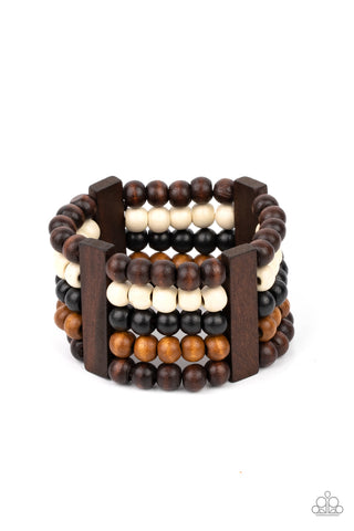 Caribbean Catwalk - Paparazzi - Multi Brown Black and White Wood Stretchy Bracelet