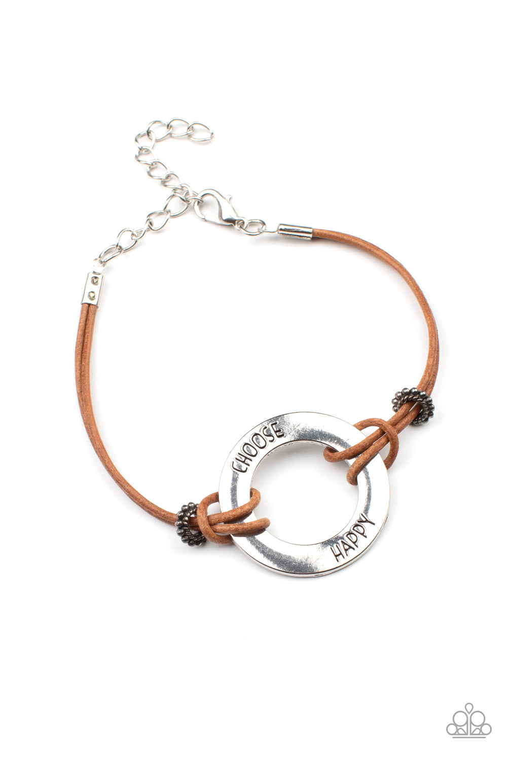 Choose Happy - Paparazzi - Brown Leather Cord Silver Inspirational Ring Clasp Bracelet