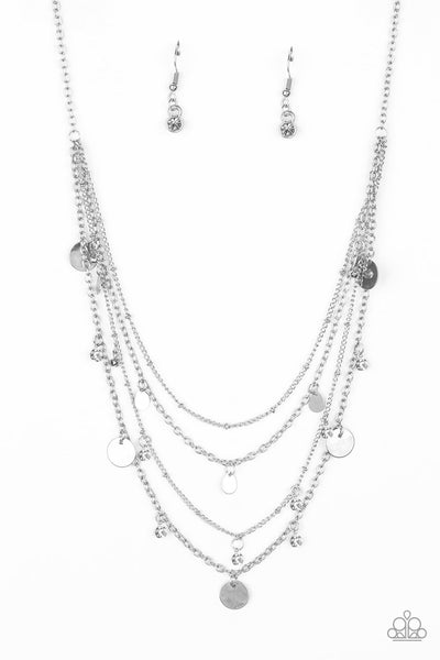 Classic Class Act - Paparazzi - White Rhinestone Silver Disc Tiered Necklace