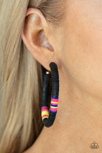 Colorfully Contagious - Paparazzi - Black Pink Blue Yellow Rubber Disc 2021 Convention Exclusive Hoop Earrings