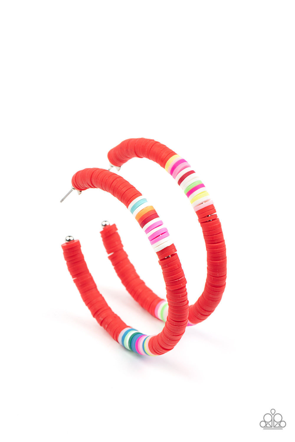 Colorfully Contagious - Paparazzi - Red Multi Colored Rubber Disc Hoop Earrings