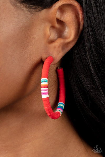 Colorfully Contagious - Paparazzi - Red Multi Colored Rubber Disc Hoop Earrings