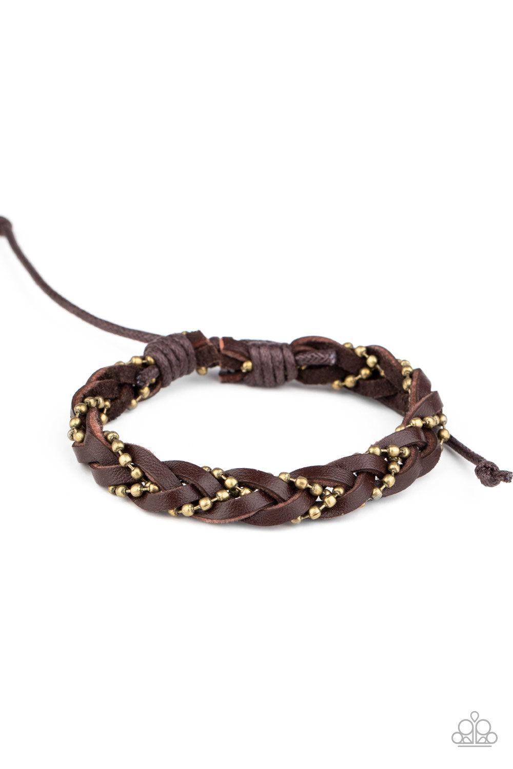 Cowboy Couture - Paparazzi - Brown Leather Brass Chain Braided Urban Sliding Knot Bracelet
