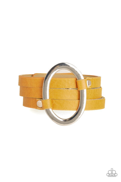 Cowgirl Cavalier - Paparazzi - Yellow Leather Silver Oval Snap Bracelet