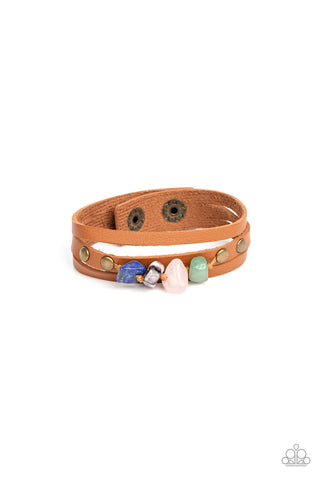 Creek Cache - Paparazzi - Brass Brown Leather Colored Stone Snap Bracelet