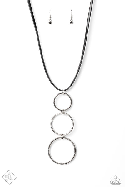 Curvy Couture - Paparazzi - Silver Circle Black Leather Cord Necklace