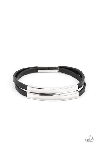 Dangerously Divine - Paparazzi - Black Leather Silver Rectangle Frame Magnetic Bracelet