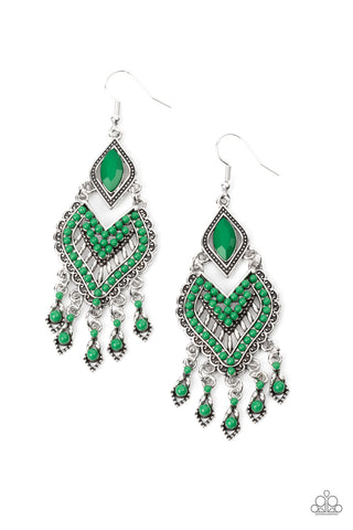 Dearly Debonair - Paparazzi - Green Bead Fringe 2021 Convention Exclusive Earrings