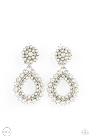 Discovering Droplets - Paparazzi - White Pearl Teardrop Clip On Earrings