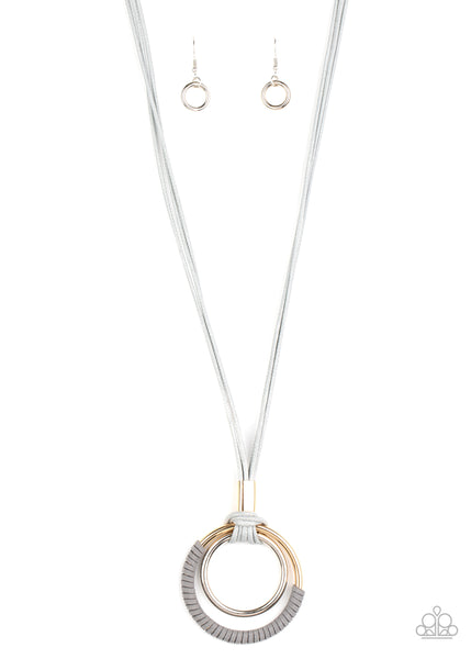 Elliptical Essence - Paparazzi - Silver and Gold Circle Hoop Grey Cord Pendant Necklace