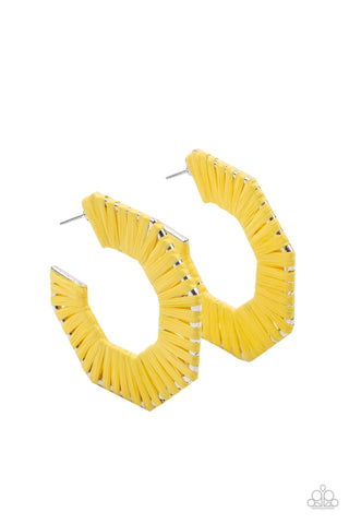 Fabulously Fiesta - Paparazzi - Yellow Wicker Hexagon Hoop Earrings