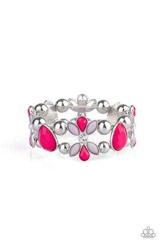 Fabulously Flourishing - Paparazzi - Pink and Grey Floral Frame Stretchy Bracelet