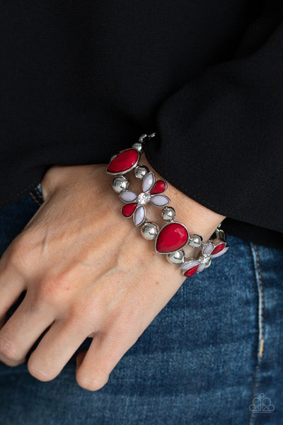 Fabulously Flourishing - Paparazzi - Red and Grey Floral Frame Stretchy Bracelet