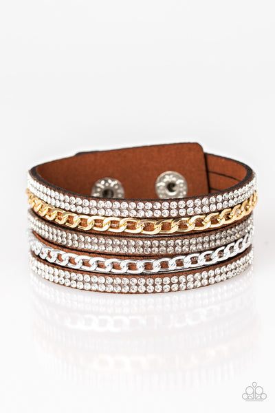 Fashion Fiend - Paparazzi - Brown Suede Rhinestone Silver and Gold Chain Snap Bracelet
