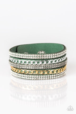 Fashion Fiend - Paparazzi - Green Suede Rhinestone Gold Chain Snap Bracelet