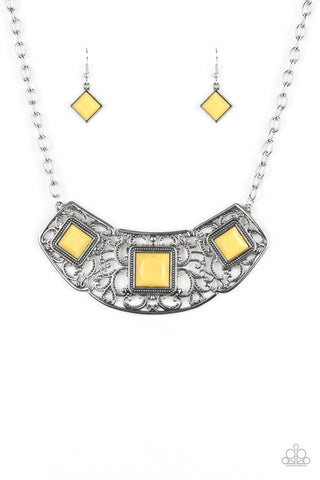 Feeling Inde-PENDANT - Paparazzi - Yellow Square Bead Silver Filigree Necklace