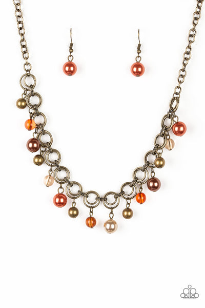 Fiercely Fancy - Paparazzi - Multi Brass Brown and Orange Bead Fringe Necklace