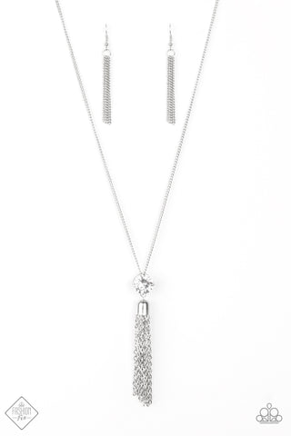 Five - Alarm FIREWORK - Paparazzi - White Rhinestone Silver Tassel Necklace
