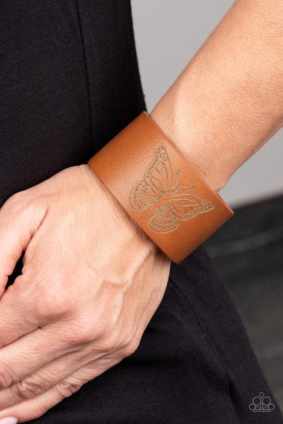 Flirty Flutter – Paparazzi – Brown Leather Butterfly Stamped Wrap Bracelet – Life of the Party Exclusive