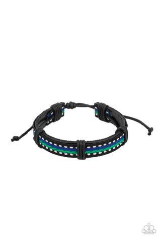 Forging a Trail - Paparazzi - Blue and Green Striped Black Leather Sliding Knot Bracelet