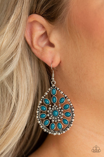 Free To Roam - Paparazzi - Blue Floral Frame Earrings