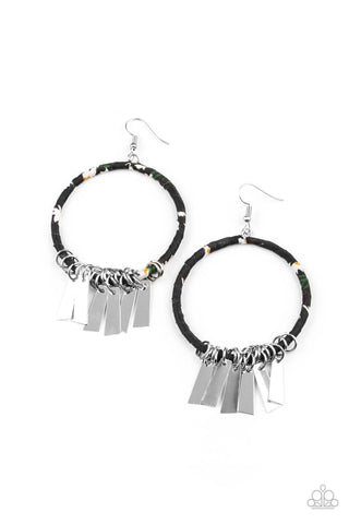 Garden Chimes - Paparazzi - Black Floral Fabric Circle Silver Fringe Earrings