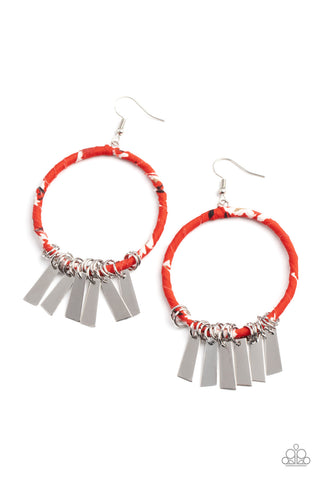 Garden Chimes - Paparazzi - Red Floral Fabric Circle Silver Fringe Earrings